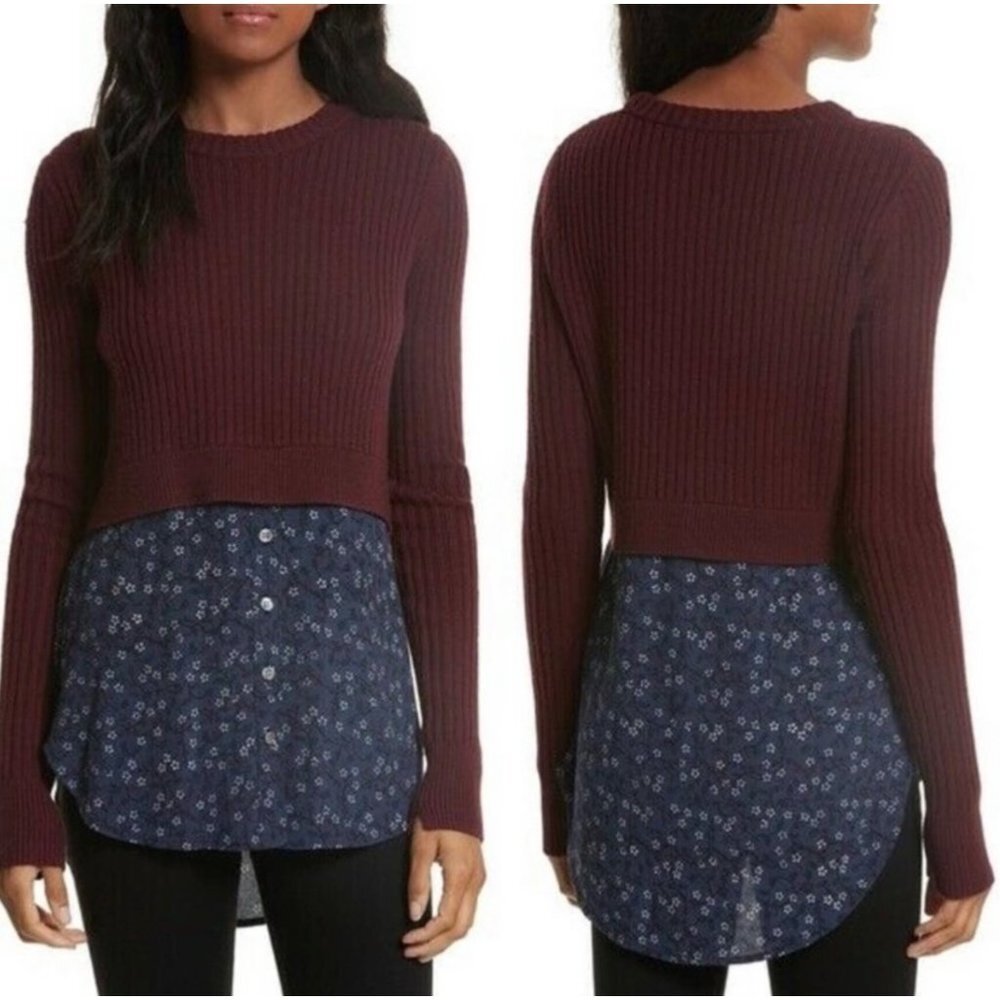 VERONICA BEARD Garrett Wool Sweater Top, Maroon and Floral, Size XS